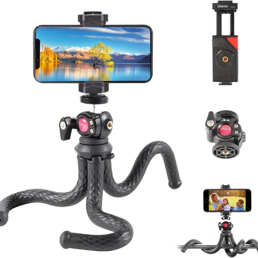 Phone Tripod with Holder, Mini Camera Flexible Tripod Stand with Cold Shoe Mount